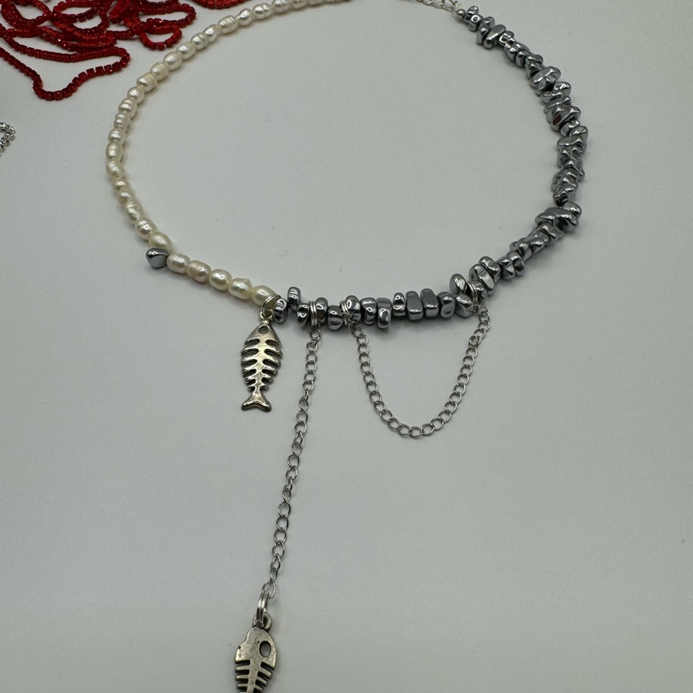 Handmade Silver and Cream Dual-Tone Necklace with Cross Pendant